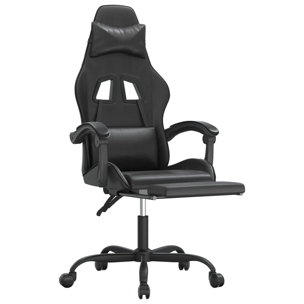 Silla para videojuegos con reposapiés y ruedas, piel sintética, ergonómica, altura regulable, giratoria, con reposabrazos y cojín lumbar para oficina, oficina en casa y comodidad para jugar