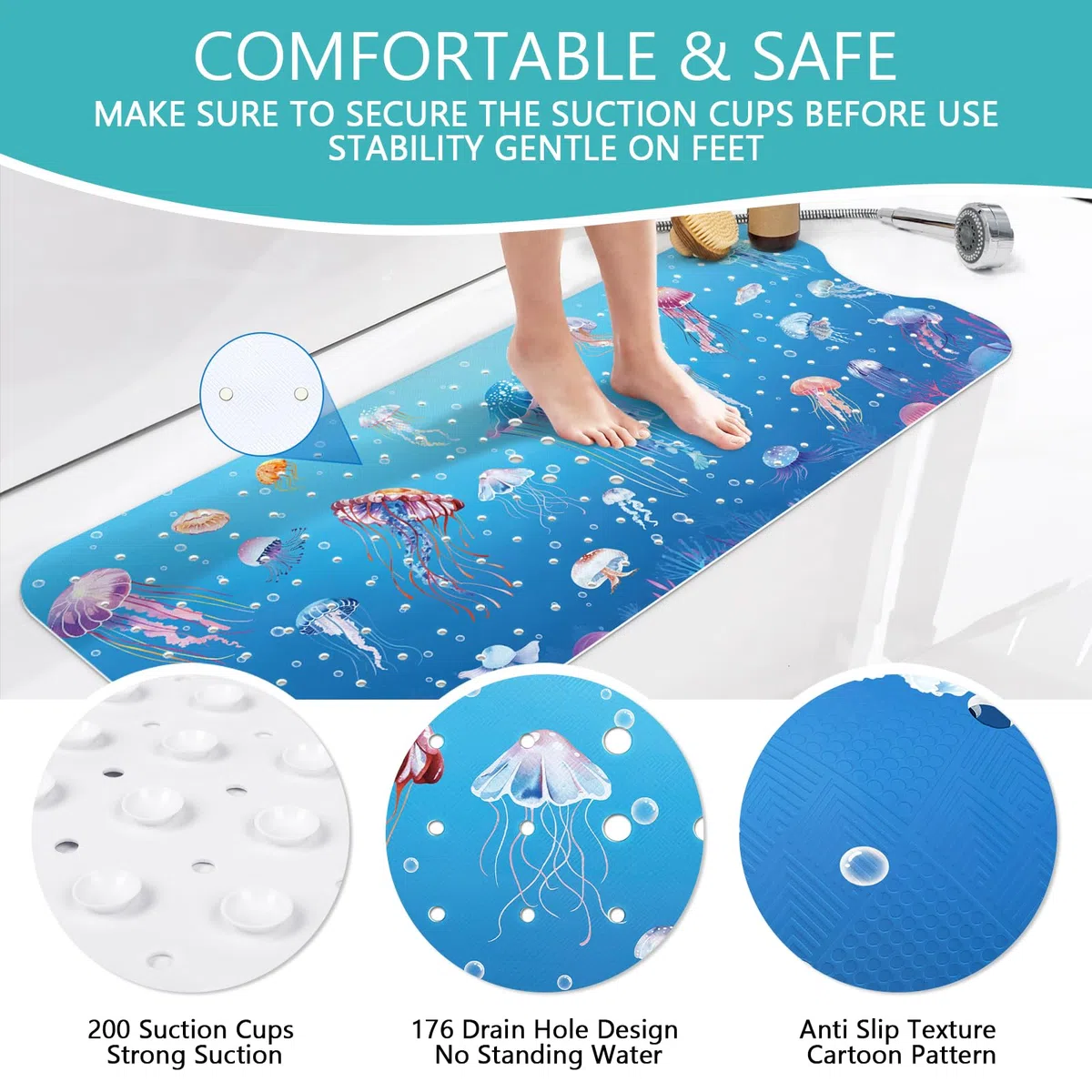 Alfombra Bañera Antideslizante Infantil -100 X 40 cm, Alfombrilla de Baño Antideslizante para Niños, Alfombra Ducha Antideslizante, Resistente al Moho, sin BPA, Lavable a Máquina, Medusa