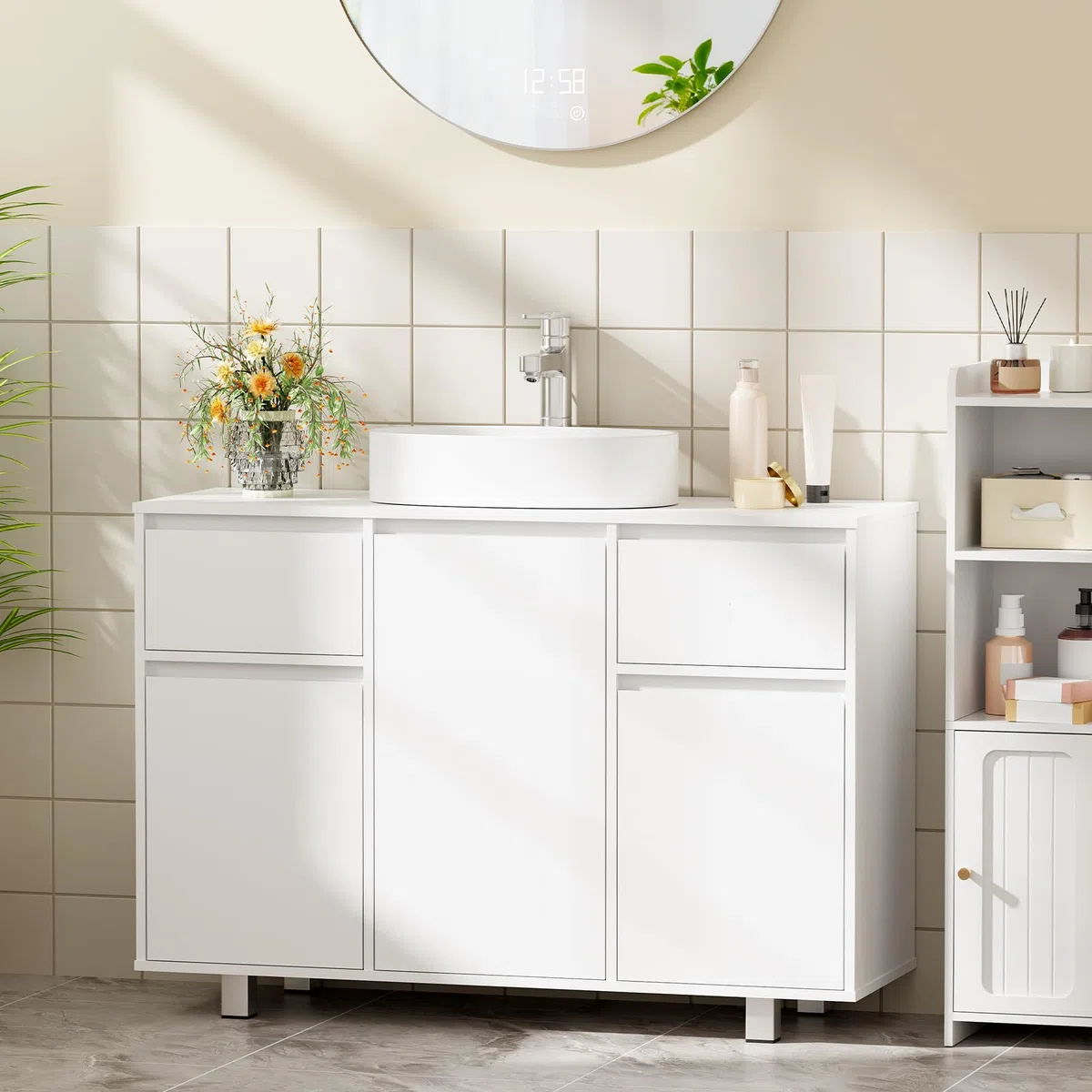 BEWISHOME Mueble Bajo Lavabo de Baño con Pies, Armario de Baño | 90 x 30 x 62.5 cm, Mueble Bajo Fregadero 2 Cajones, 3 Puertas, Gran Capacidad de Almacenamiento, Blanco, EYSG01W