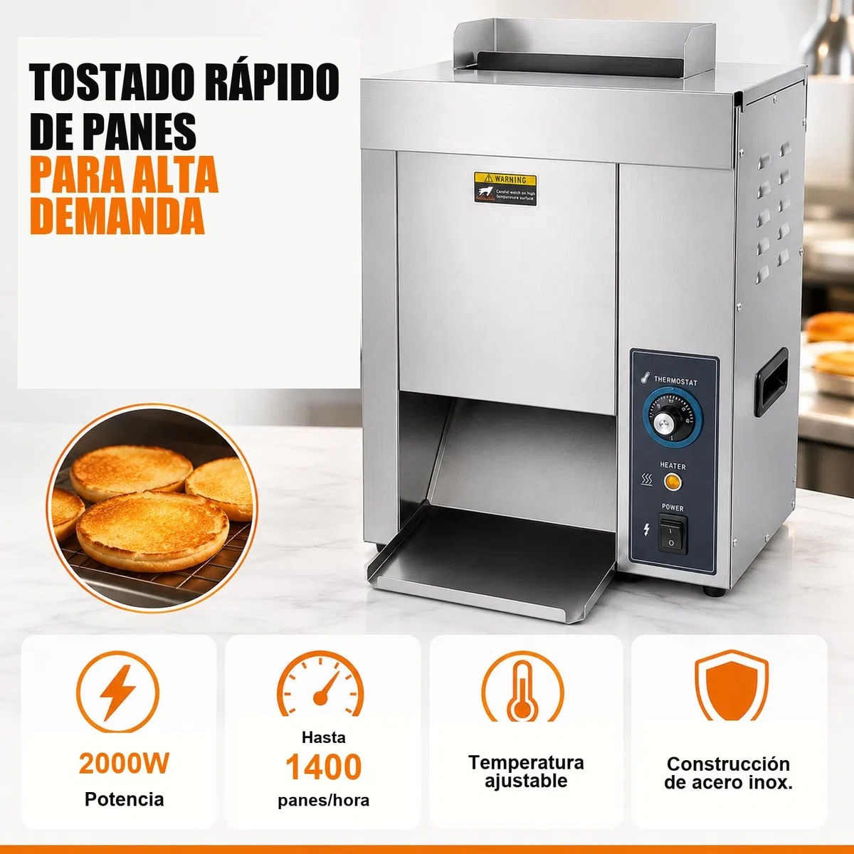 Tostador industrial vertical para pan de hamburguesa, 1400/h, 2000 W | Hasta 1.400 panes/h; 2.000 W; temperatura regulable; acero inoxidable; para hamburgueserías, restaurantes y food trucks.