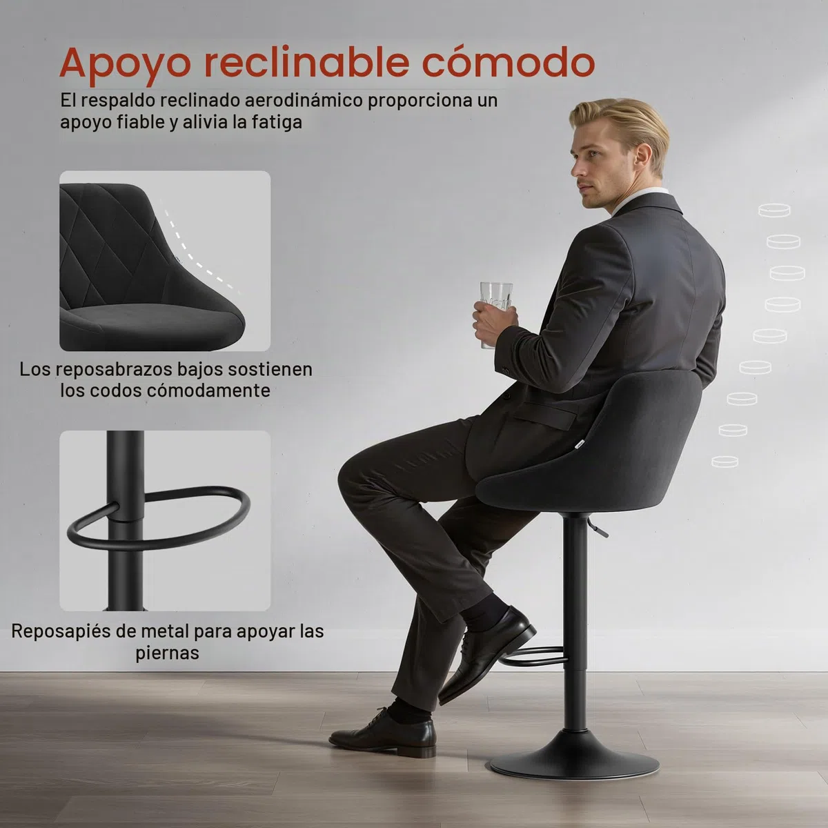 WOLTU Taburetes de Bar Terciopelo Regulable en Altura, Negro | con Respaldo, para Comedor, Salón y Cafetería
