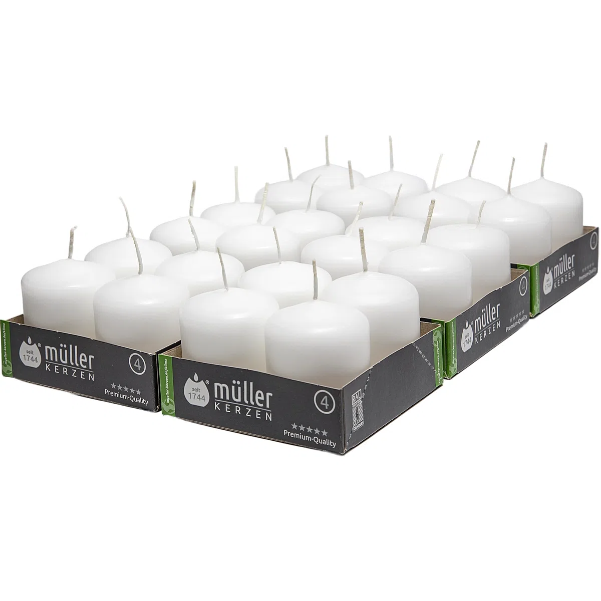 Müller Velas Decorativas - Juego de 24 velas blancas - 48 x 62 mm - Duración 10 horas - Cero antigoteo - Moco sin perfumar - Calidad RAL