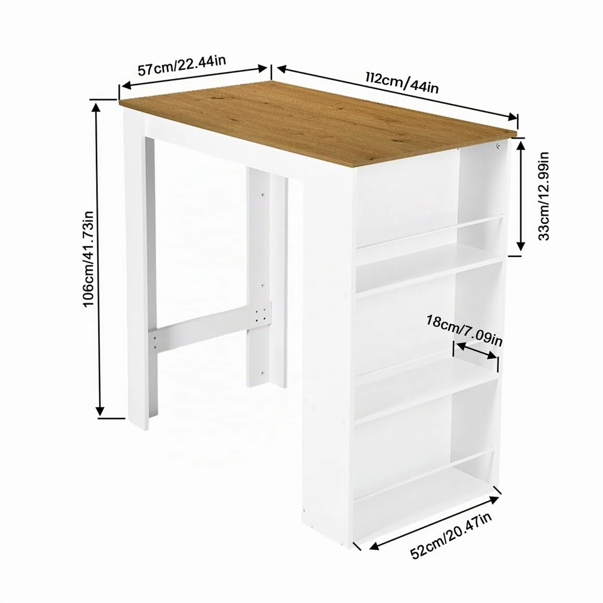 buybyroom Mesa de Bar con Espacio de Almacenamiento, Mesa de Bar de Cocina, Barra de Bar para Cocina, salón, Comedor, 112×57×106 cm, Blanco + Roble Claro