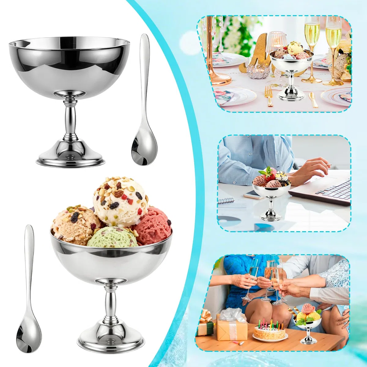 Tissting 4 Tazas Helado Acero Inoxidable 11cm Cuencos Postre Patas Retro | Ensalada Pudín Servir Fiestas Bodas Cocinas Platos Decorativos