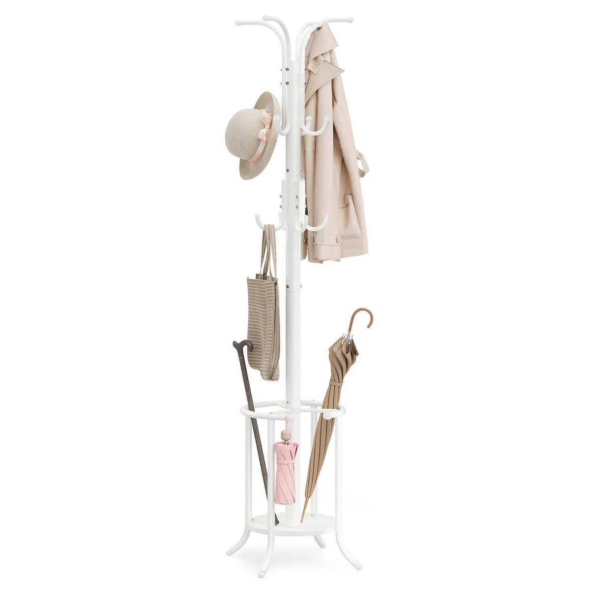 SONGMICS Perchero, Perchero con Paragüero, 12 Ganchos, Estructura Metálica, 175 cm de Alto, para Entrada, Salón, Dormitorio, Blanco Perla RCR011W01