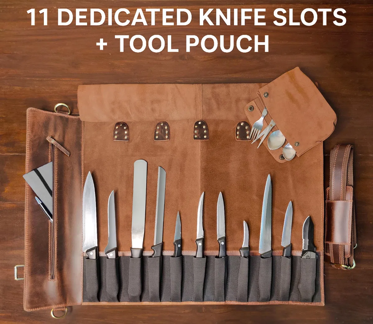 Rustic Town Rollo de Cuchillo de Chef de Piel auténtica, Rollo Multiusos