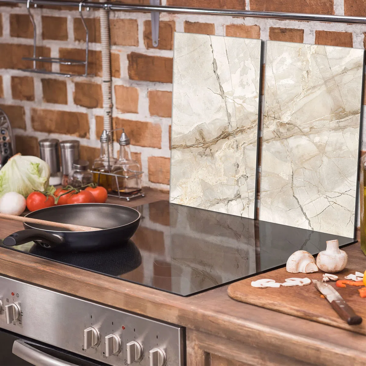 Tabla de cortar decorativa de cristal templado y cubre vitro, Placa protectora de vitrocerámica 30 x 52 cm 2 piezas, para inducción, protección contra salpicaduras, decoración, MÁRMOL