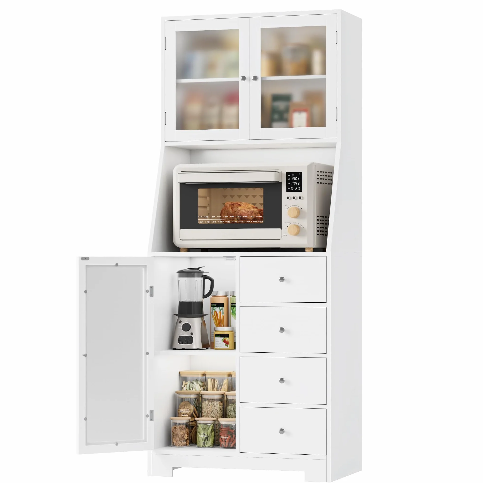 HOCSOK Alacena de Cocina con Encimera, Armario de Almacenamiento Alto con 3 Puertas y 4 Cajones para Salón, Comedor y Bar, Estilo Moderno, Blanco