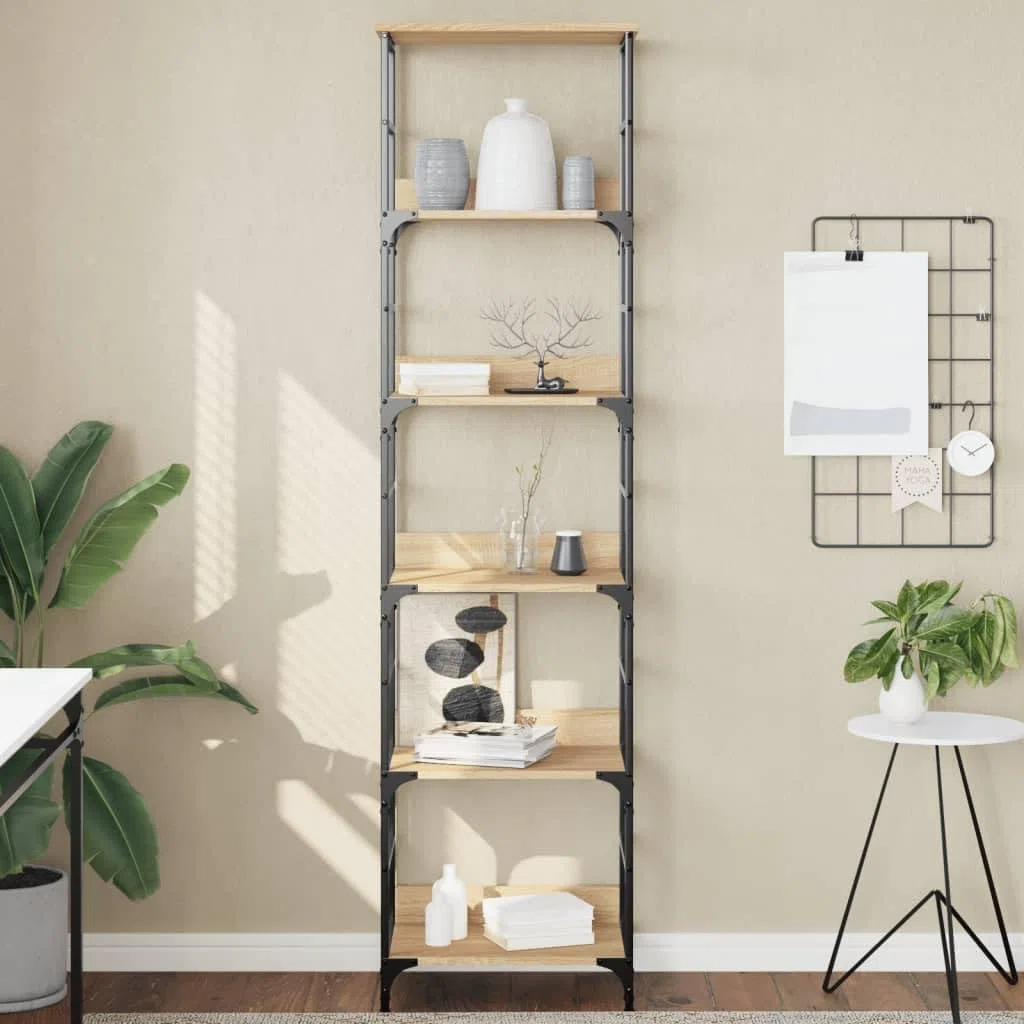 Estantería de madera de roble Sonoma, 50 x 33 x 188,5 cm, madera y acero, estilo industrial con 5 compartimentos, fijada a la pared para salón, oficina y pasillo