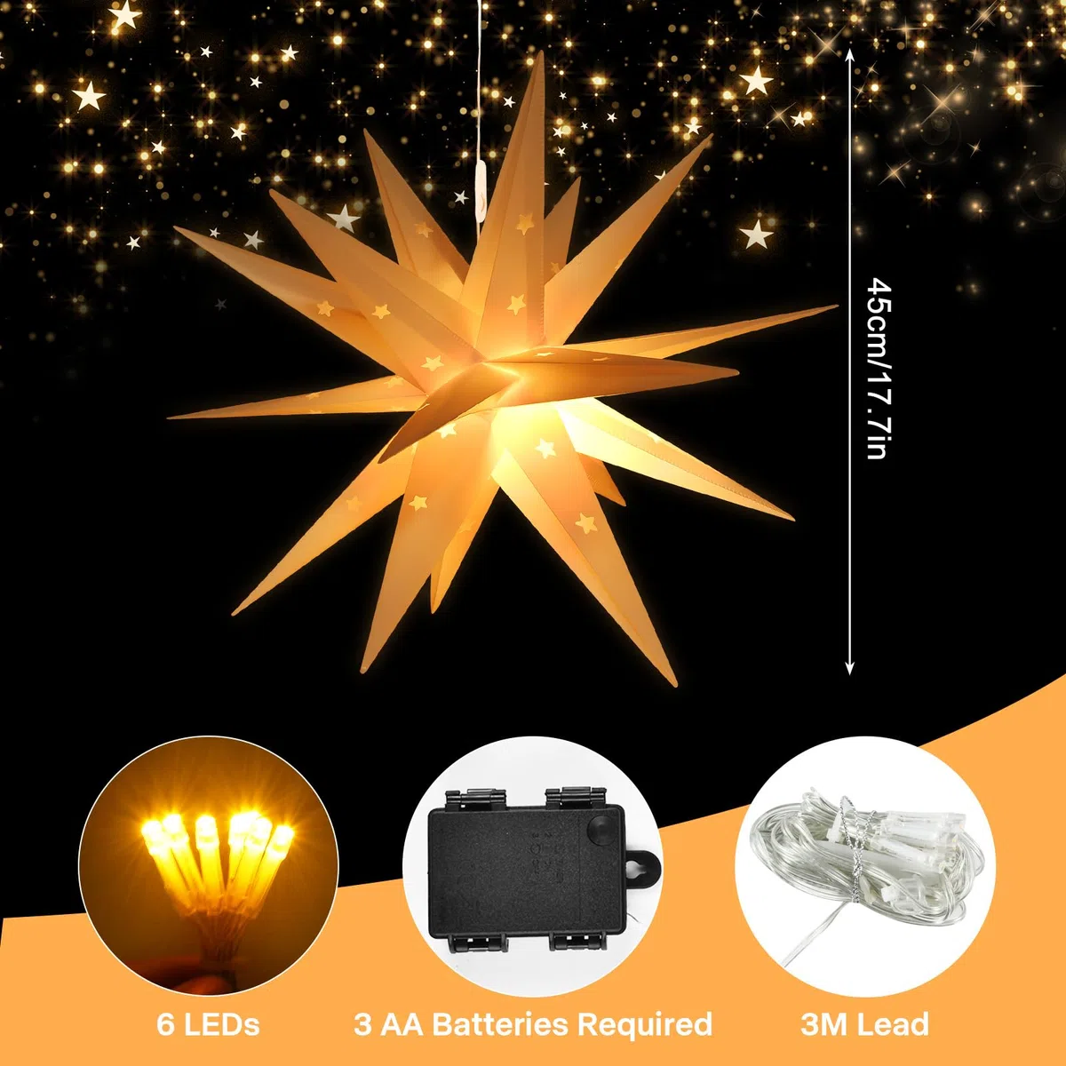 KATELUO Estrella Luminosa 3D Estrella Plegable, 45cm Estrella Iluminada con Función de Temporizado, Estrella de Arbol de Navidad, Estrella Navideña 3D para Decorar árboles de Navidad Fiesta Balcones