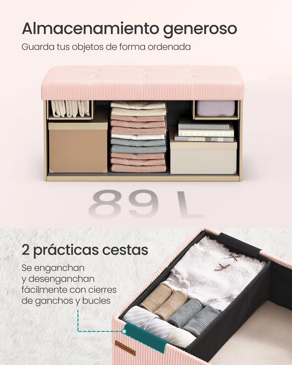 SONGMICS Puff Almacenaje, Baúl de Almacenaje Plegable, 38 x 76 x 38 cm, Taburete Reposapiés, Banco de Cama, Soporta hasta 300 kg, para Sala de Estar, Dormitorio, Entrada, Rosa Jalea LSF603R01