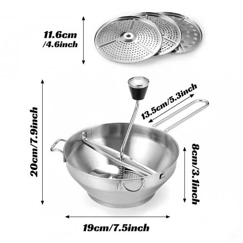 Volumoon Pasapures, Molinillo de Verduras Manual, Pasapures Acero Inoxidable con 3 Intercambiables Discos, Pasa Pure, Fácil de Usar para Puré de Bebé, Mermeladas, Verduras, Frutas