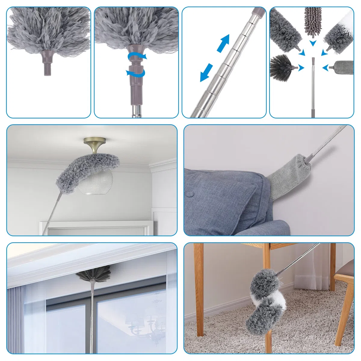 Plumero Extensible de Microfibra (11 Piezas) con Poste de extensión de 100 Pulgadas, Lavable, Reutilizable, Flexible para Limpiar Ventiladores de Techo, Techo Alto, TV, persianas, automóviles