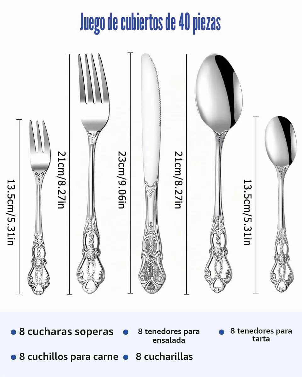 Set de Cubiertos 40 Piezas, Cubiertos Acero Inoxidable, Acabado Pulido Brillante, Juego de Cubertería con Cuchillo, Tenedor, Cuchara, Apto para Lavavajillas,Plata