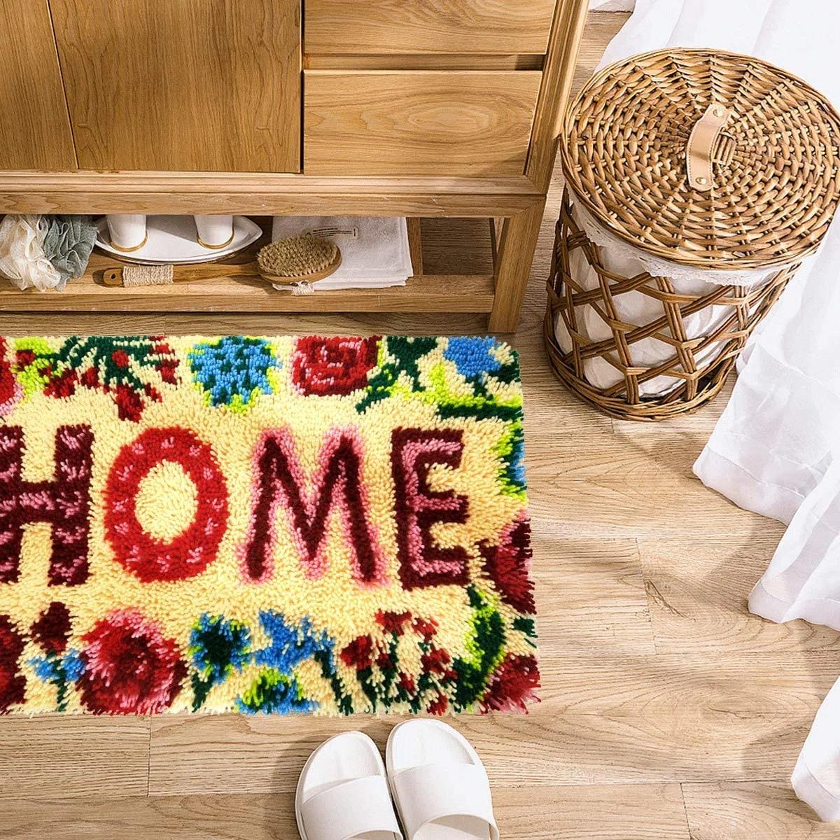 ROCKY&CHAO Kit de gancho de pestillo para adultos y niños, patrón de flores, 60 x 40 cm, kits completos de manualidades para hacer alfombras con hilo, lona y aguja de ganchillo, kits de manualidades