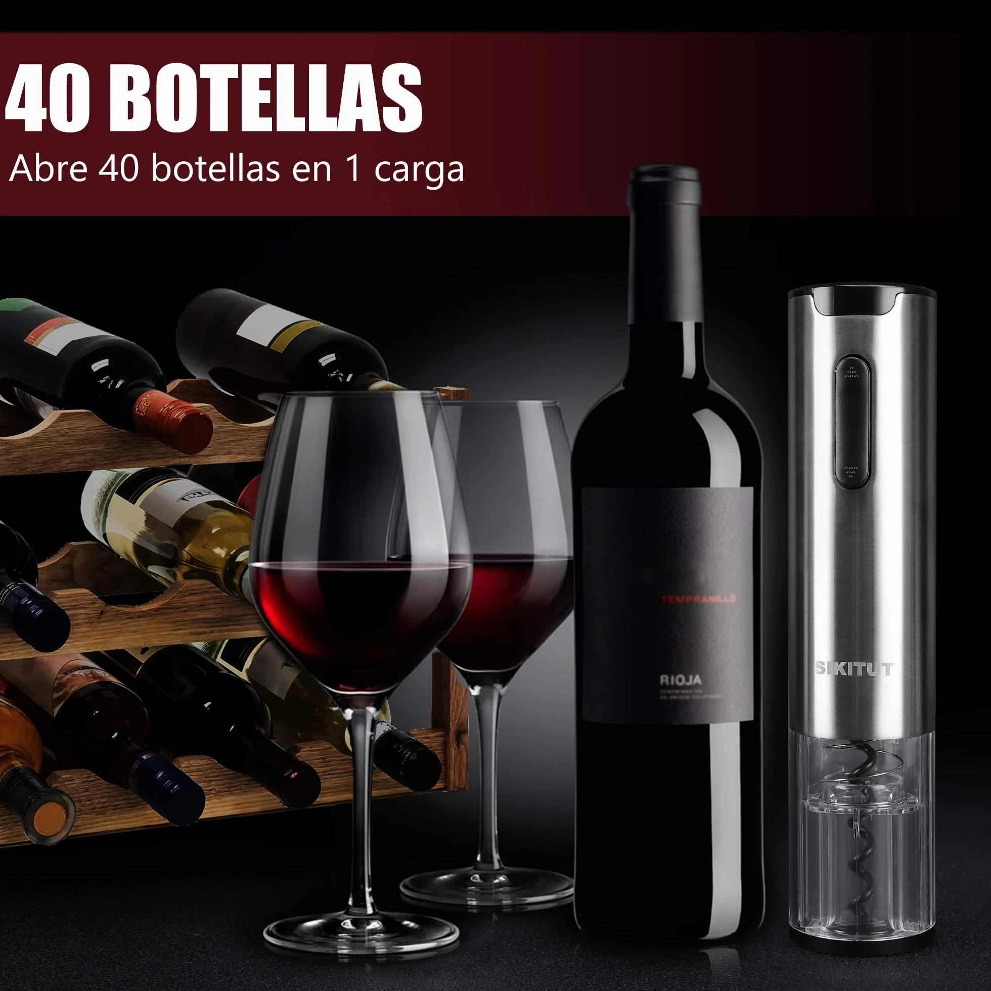 Sacacorchos Eléctrico,SIKITUT Abridor Botellas de Vino Inalámbrico,Automatico Abrelatas de Vino con Indicador LED de Batería y Base de carga USB y Cortador de Papel,Acero Inoxidable