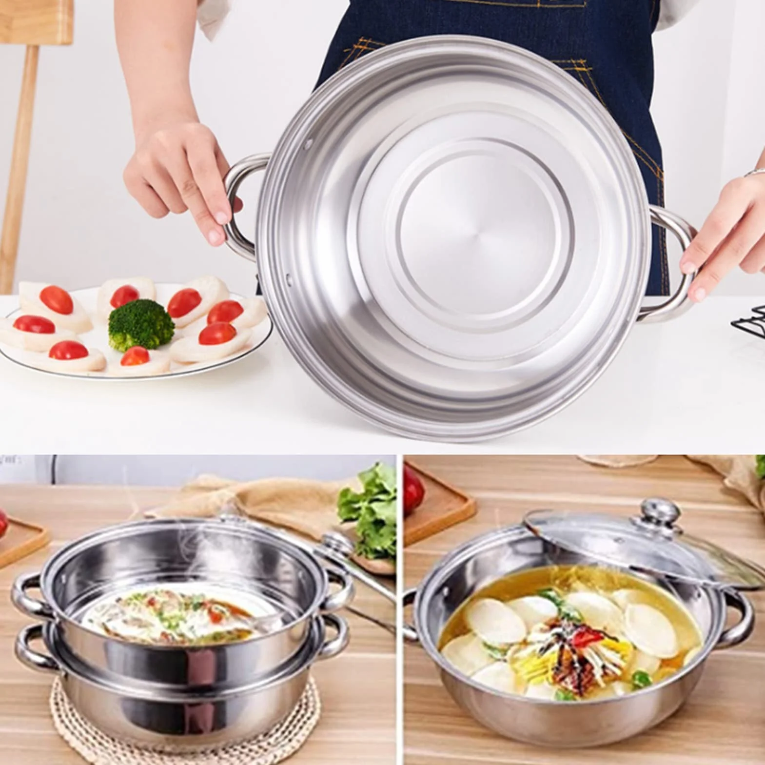 Olla de vapor de acero inoxidable de 2 capas para cocinar sopa al vapor y más, diseño de ahorro de energía de 27 cm con material de grado alimenticio, compartimento poroso para vapor y tapa de vidrio