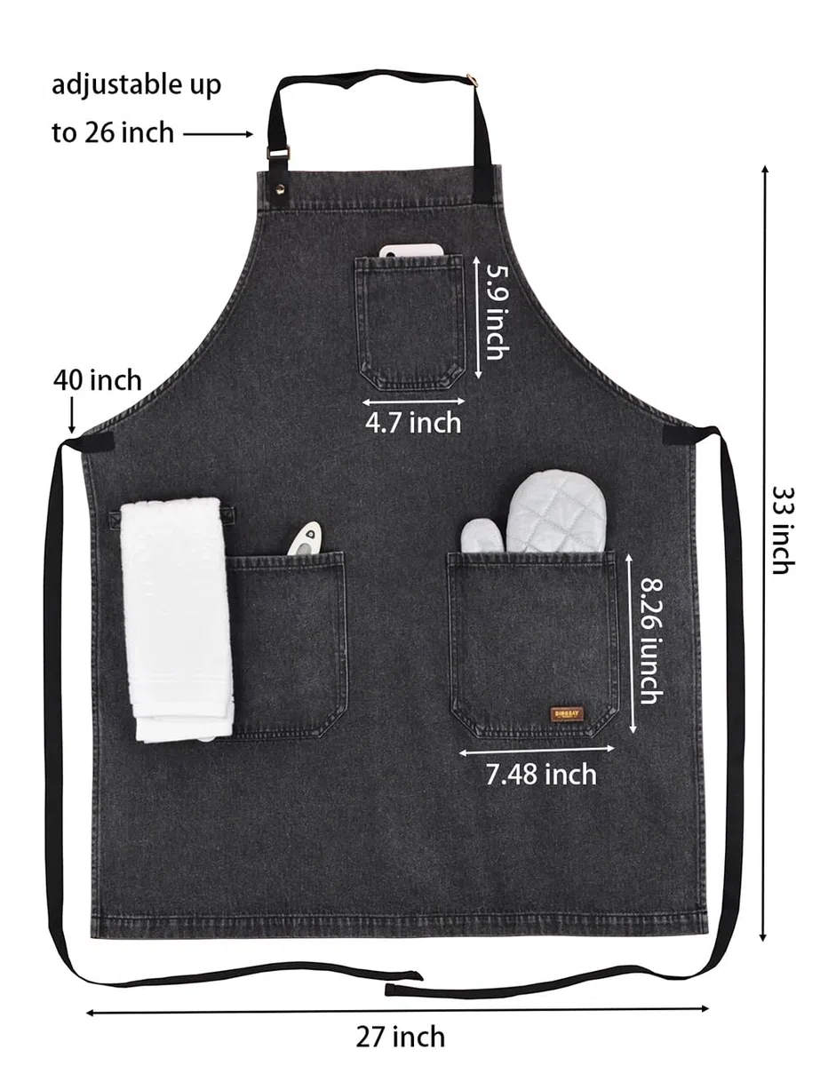Delantal de chef profesional con bolsillos, delantal de mezclilla negro para cocina, cocina, parrilla, barbacoa, con lazo para toalla y correas ajustables para el cuello, Black Denim