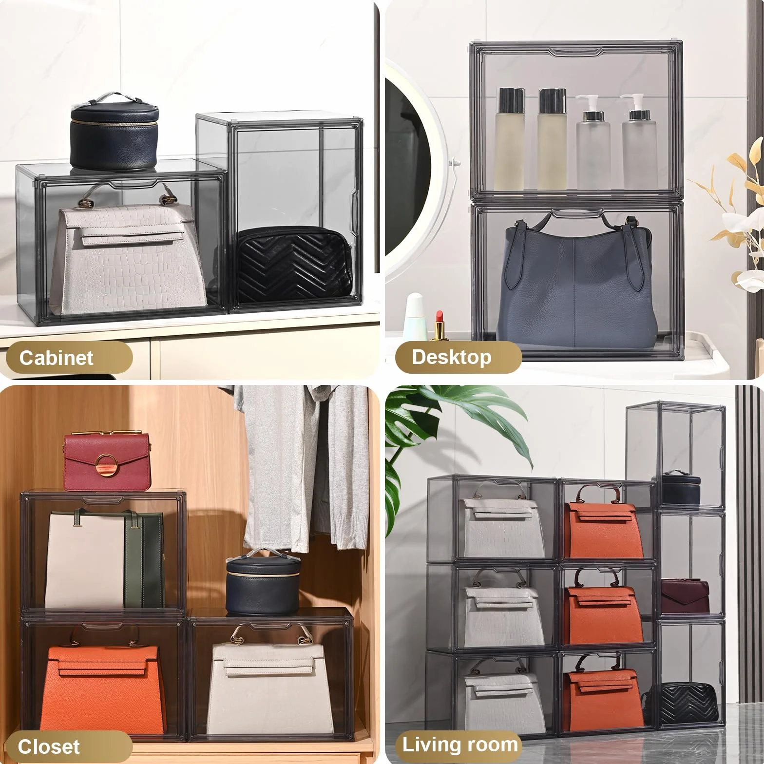 Paquete de 4 organizadores de almacenamiento de bolsos para armario, vitrina acrílica gris transparente para bolso de mano, organizador de almacenamiento apilable con puerta magnética para