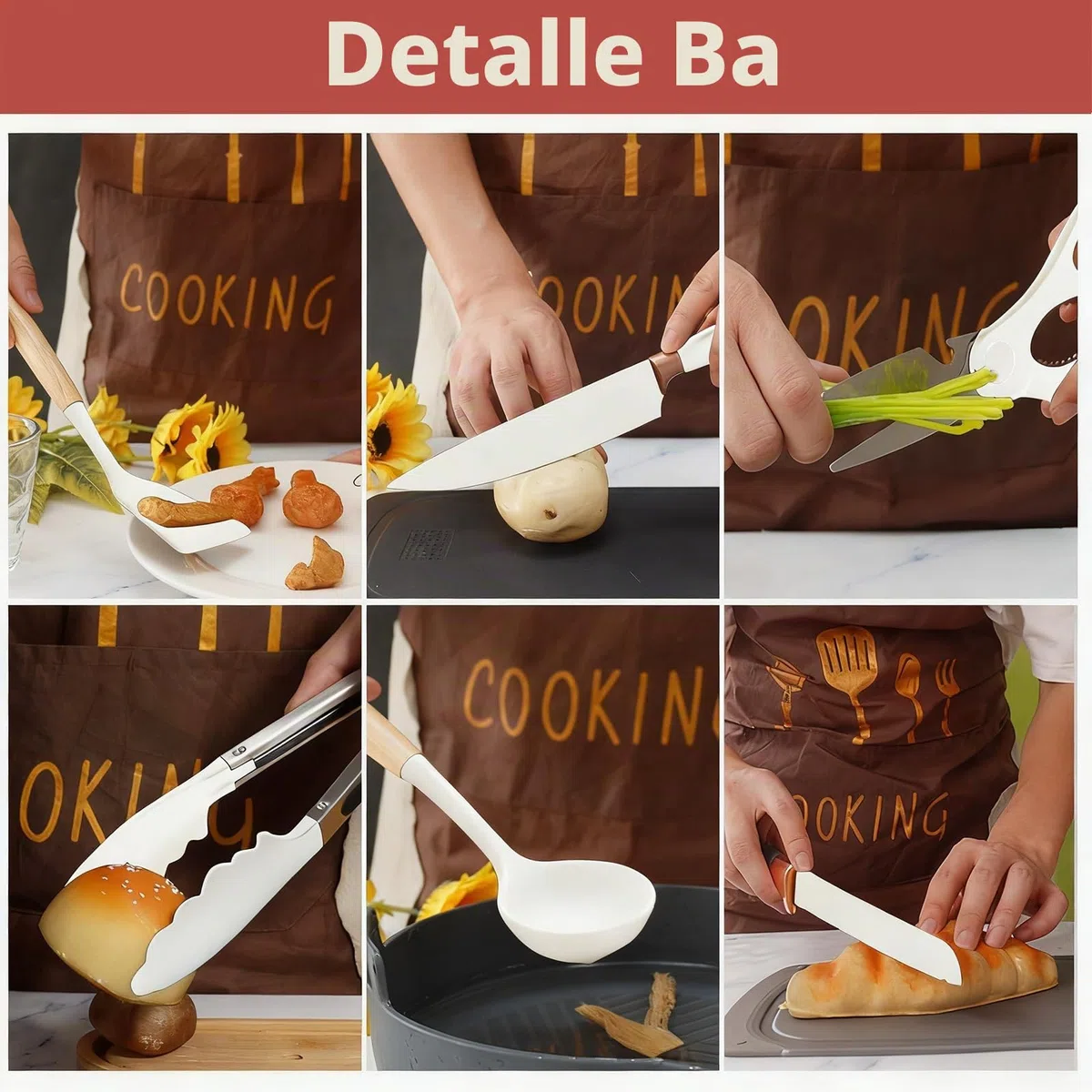 Juego de cuchillos de cocina 19 piezas con utensilios de cocina de silicona 5 cuchillos 12 accesorios antiadherentes 1 tijera tabla de cortar y soporte para ollas antiadherentes (Blanco)