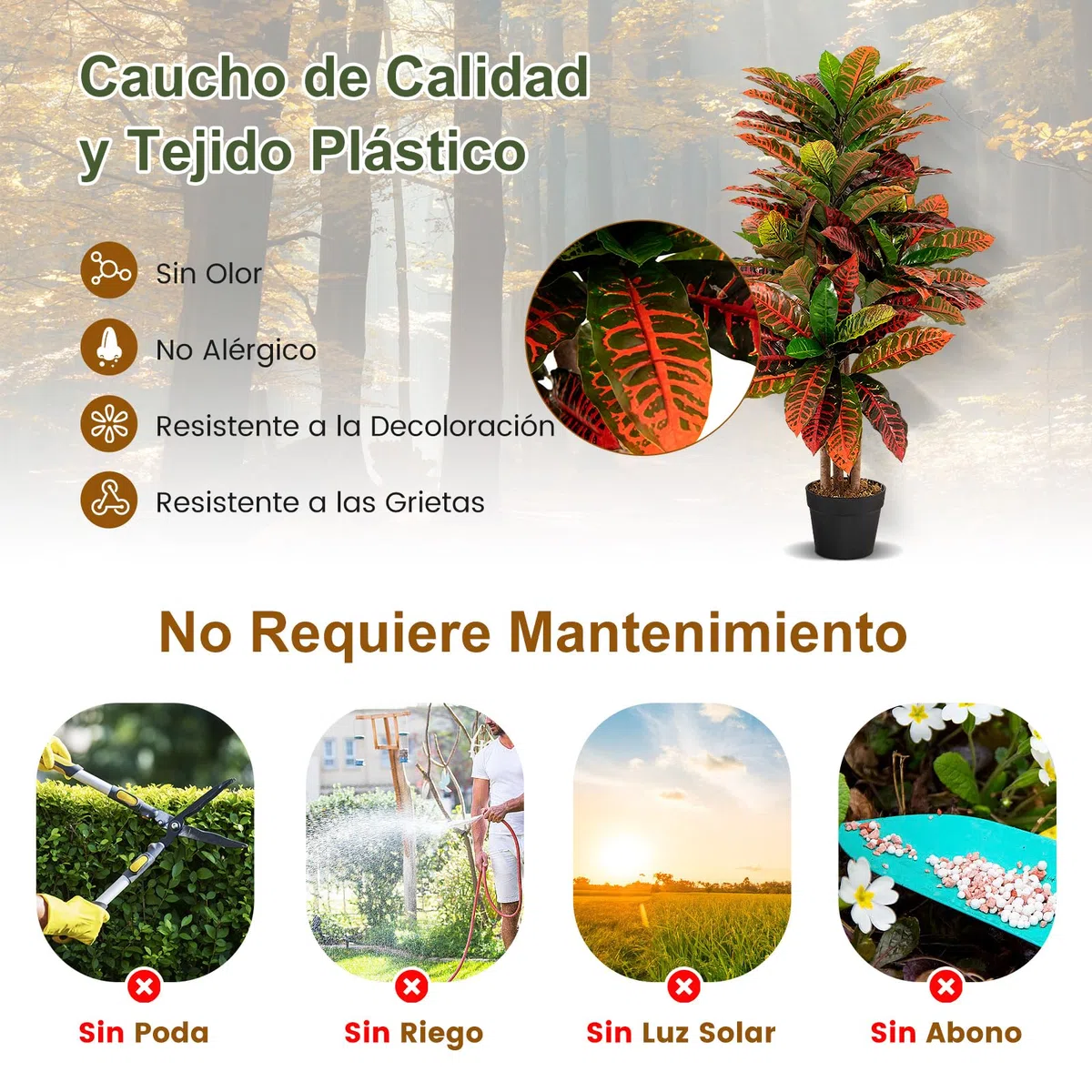 RELAX4LIFE Planta Artificial Decorativas 100 cm, Planta Artificial de Crotono con 71 Hojas Grandes, Tronco de Madera y Maceta, Planta Artificial para Salón, Oficina y Hogar, Ø67x100cm (Verde+Rojo)