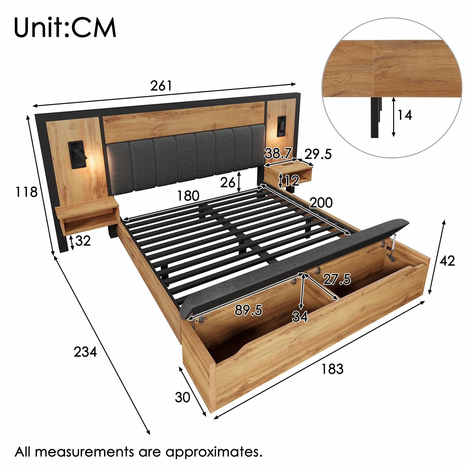 Kebnor Cama doble tapizada, cama con lámpara de lectura y mesita de noche USB C y banco con almacenamiento, estructura de cama con somier de metal, madera y lino, roble (sin colchón) (180 x 200 cm)