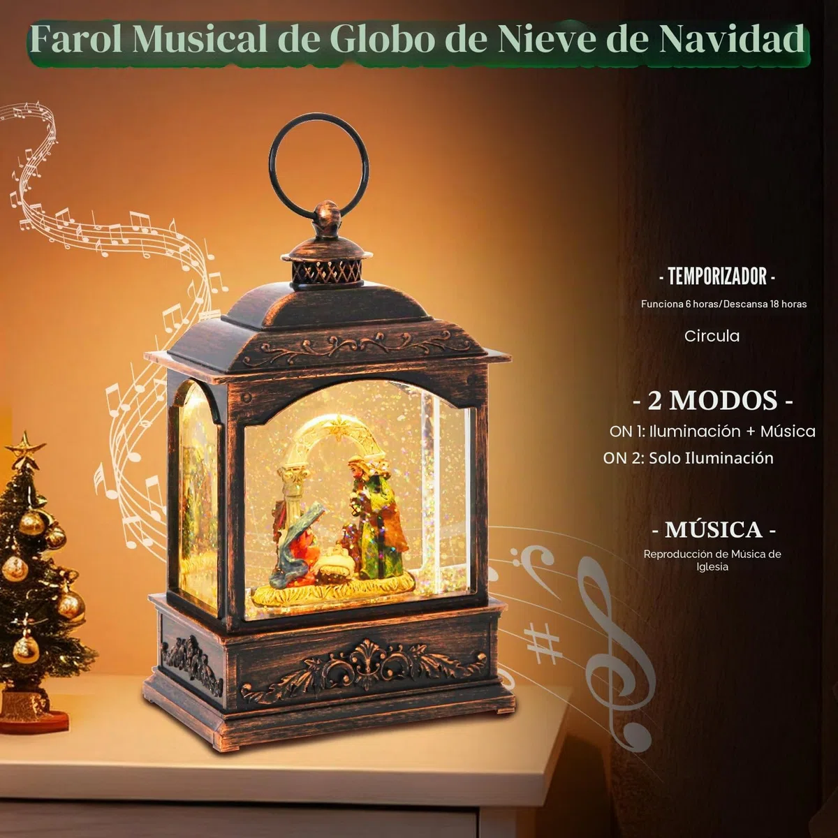 Globo de Nieve de Navidad, Linterna Musical con Belén, Bola de Agua Linterna Led para Decoración Navideña, Función de Temporizador, 21cm, Alimentación por USB o Batería