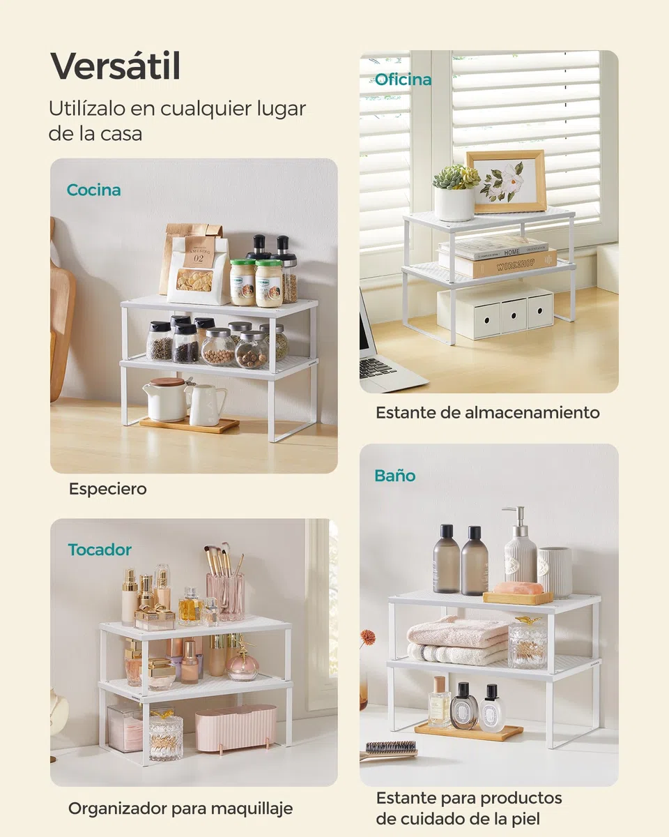 SONGMICS Especiero, Estante para Especias, Organizador para Armarios, para Mostradores, Elevador de Estantes, Apilable, Ampliable, Juego de 2 Estantes Metálicos para Cocina, Blanco KCS401W01
