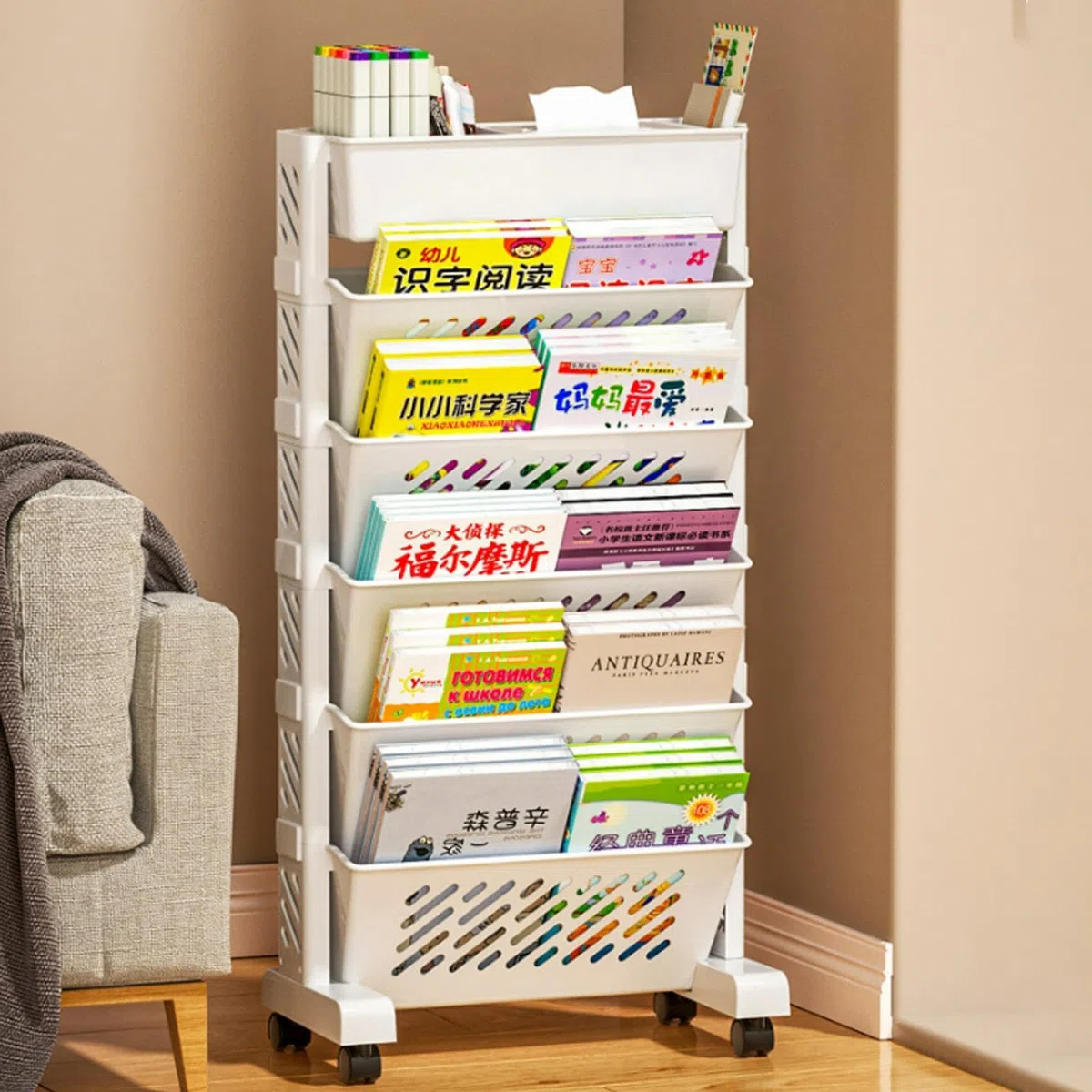 Genérico Carros con Ruedas De Almacenamiento 5+1 ‌Soporte para Libros De Mesa, Organizador Colgante para Escritorio con Múltiples Compartimentos, Ideal para Espacios De Trabajo Y Zonas De Estudio