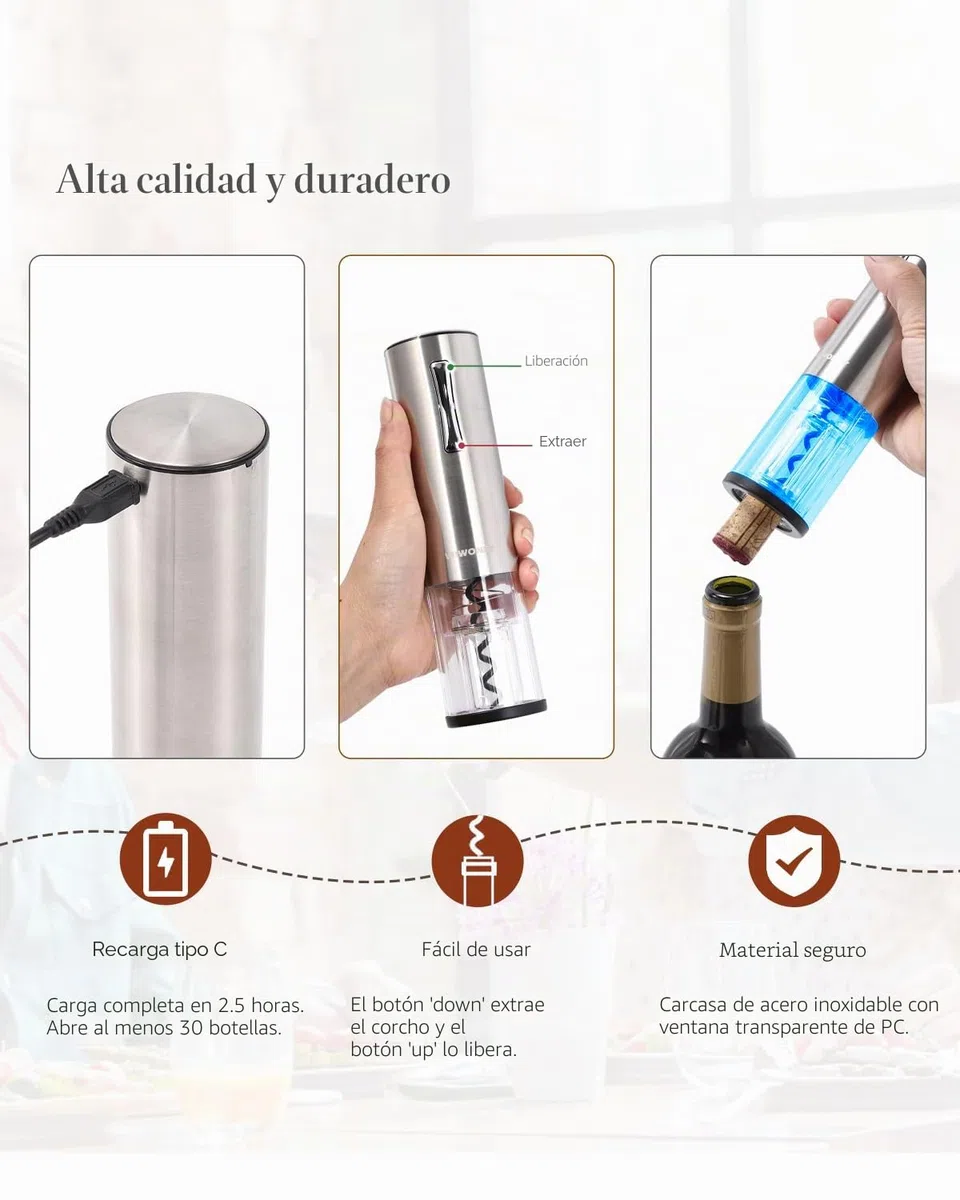 Sacacorchos Eléctrico, Abridor de Vino Portátil y Recargable, Abridor de Botellas de Vino con Cortador de Papel de Aluminio y Cable de Carga Micro USB