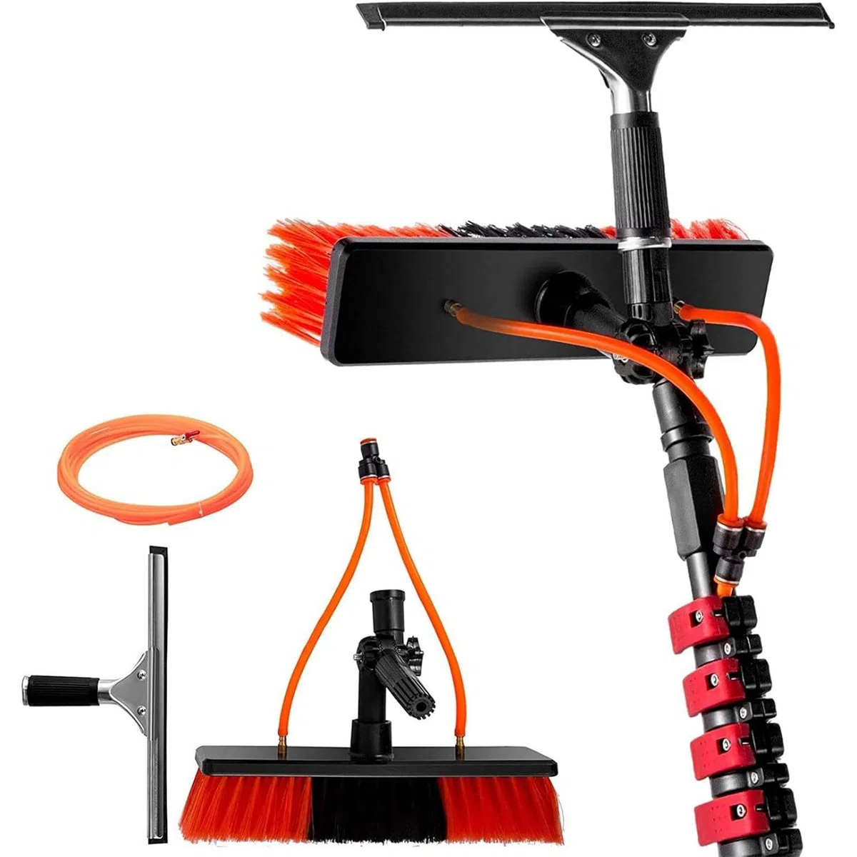 Kit de limpiador de ventanas telescópico, cepillo de limpieza de paneles fotovoltaicos, sistema de poste alimentado por agua, cabezal de cepillo de 35 cm con escobilla de goma, alcance de 12 m para