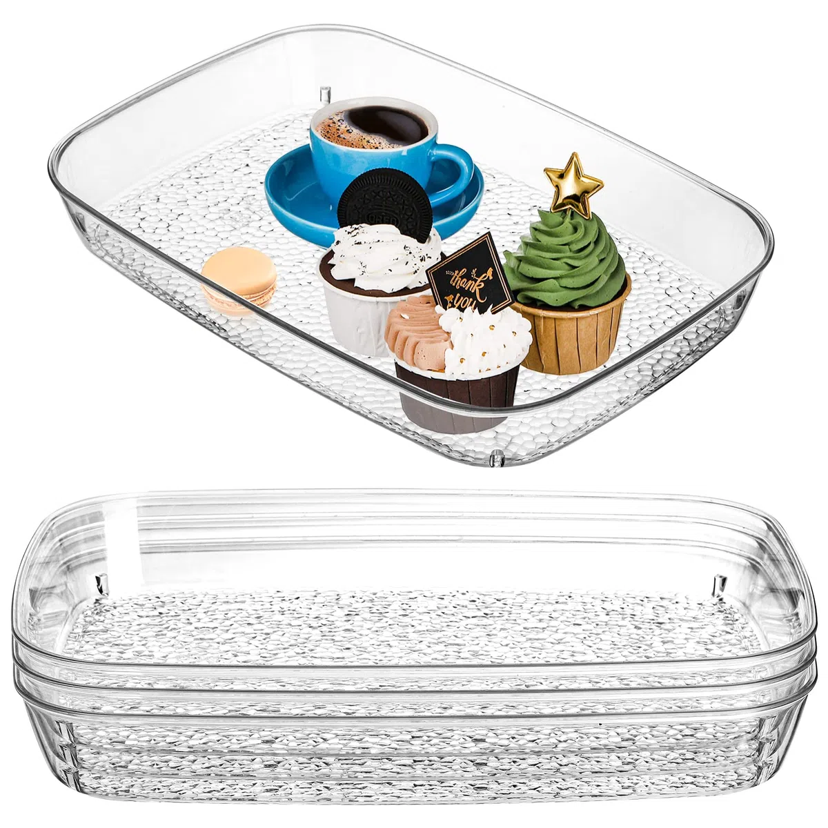 Lyellfe Paquete de 4 bandejas transparentes para servir, 15 x 10 pulgadas de profundidad, a prueba de derrames, mesa de café decorativa, bandeja de perfume para baño, mesa de comedor, armario de