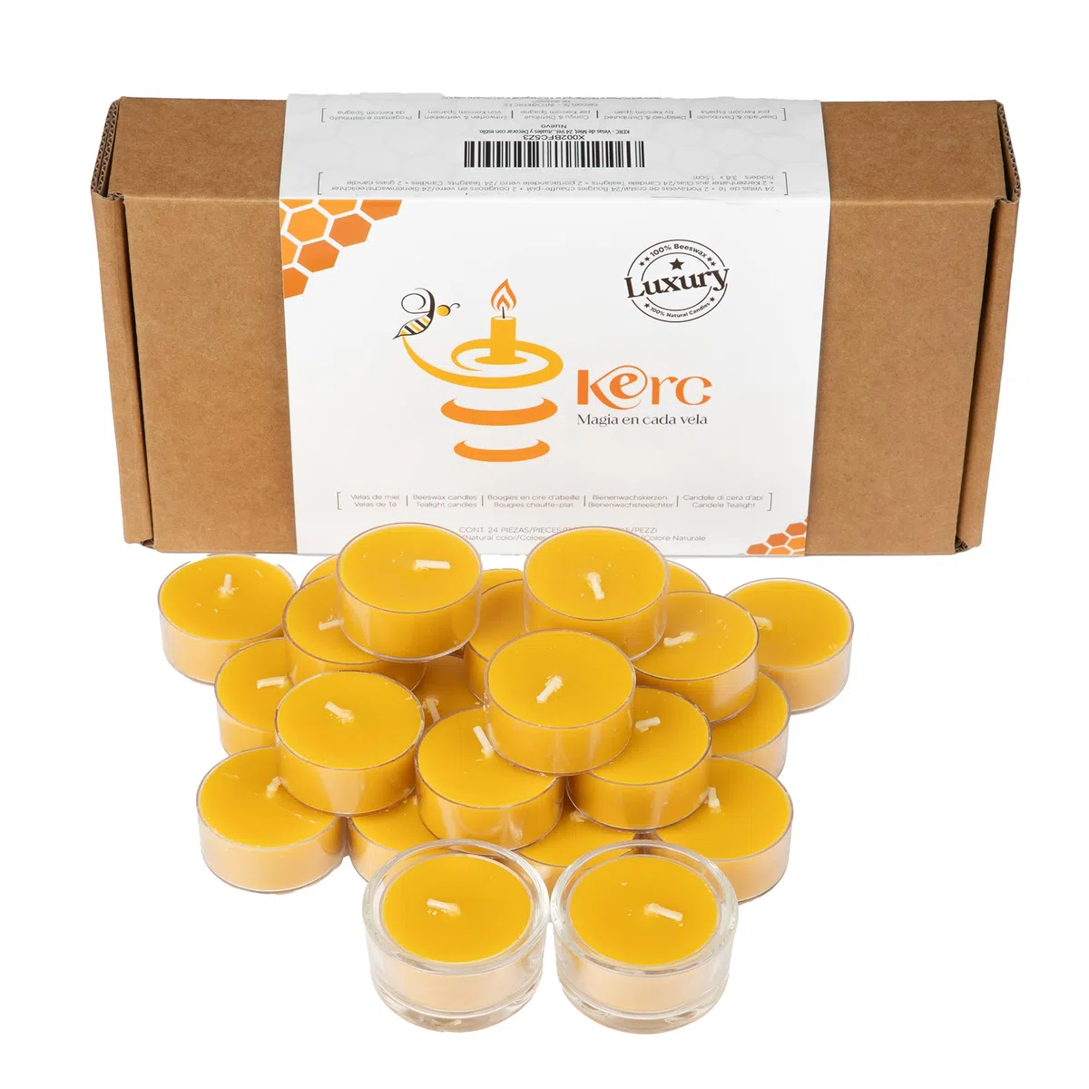 Velas de Miel, 100% Ecológicas. 96 horas de Luz Natural para Purificar Espacios, Hacer Ritual y Decorar. 24 Velas de Te + dos soportes de regalo, Con Aroma. (Velas decorativas 1.7x3.8cm)