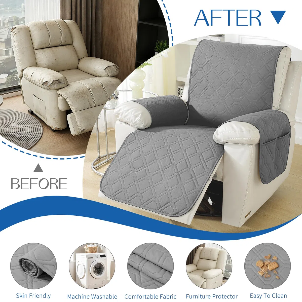 YSTELLAA Funda Sillon Relax Reclinable 1 Plaza, Impermeable Funda Sillon, Fundas para Sillones con Bolsillo Laterales, Mascotas, Antiarañazos(1 Asiento, Gris Claro)
