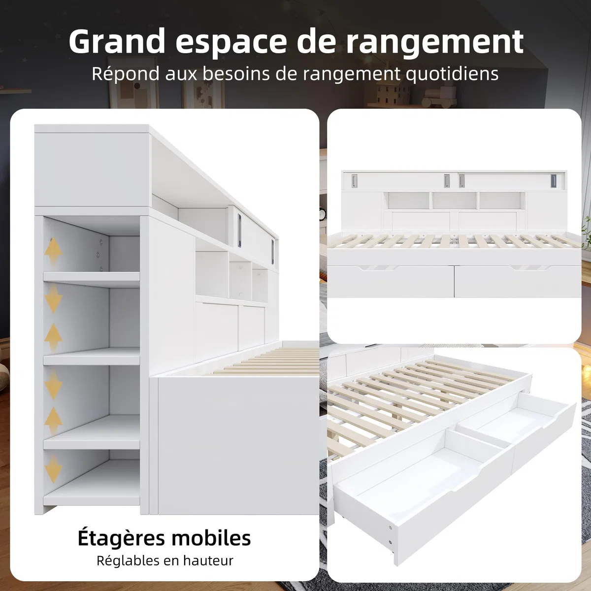 Zepneiy - Cama de 140 x 190 con cajones y estante, cama doble 140 x 190 con armario de almacenamiento, caja fuerte con espacio de almacenamiento, marco blanco (sin colchón)