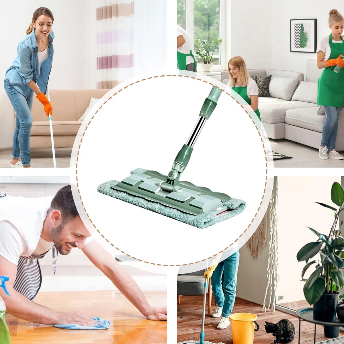 Mopa Plana para Limpieza de Suelos Fregador Rápido con 7 Almohadillas | Mopa Giratoria 360° con Cabezal Plano Mantenimiento Diario Hogar Baño Cocina Tarima Azulejos Grandes Áreas