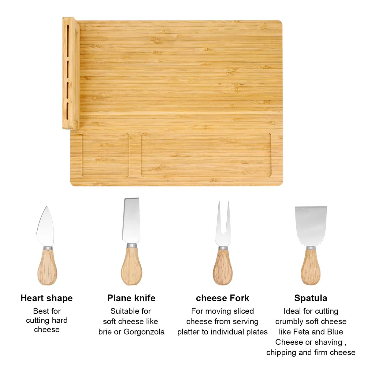 Juego de tabla de queso 100% bambú natural con juego de 4 cuchillos de queso y utensilios para servir para bodas, cumpleaños, aniversarios, Navidad