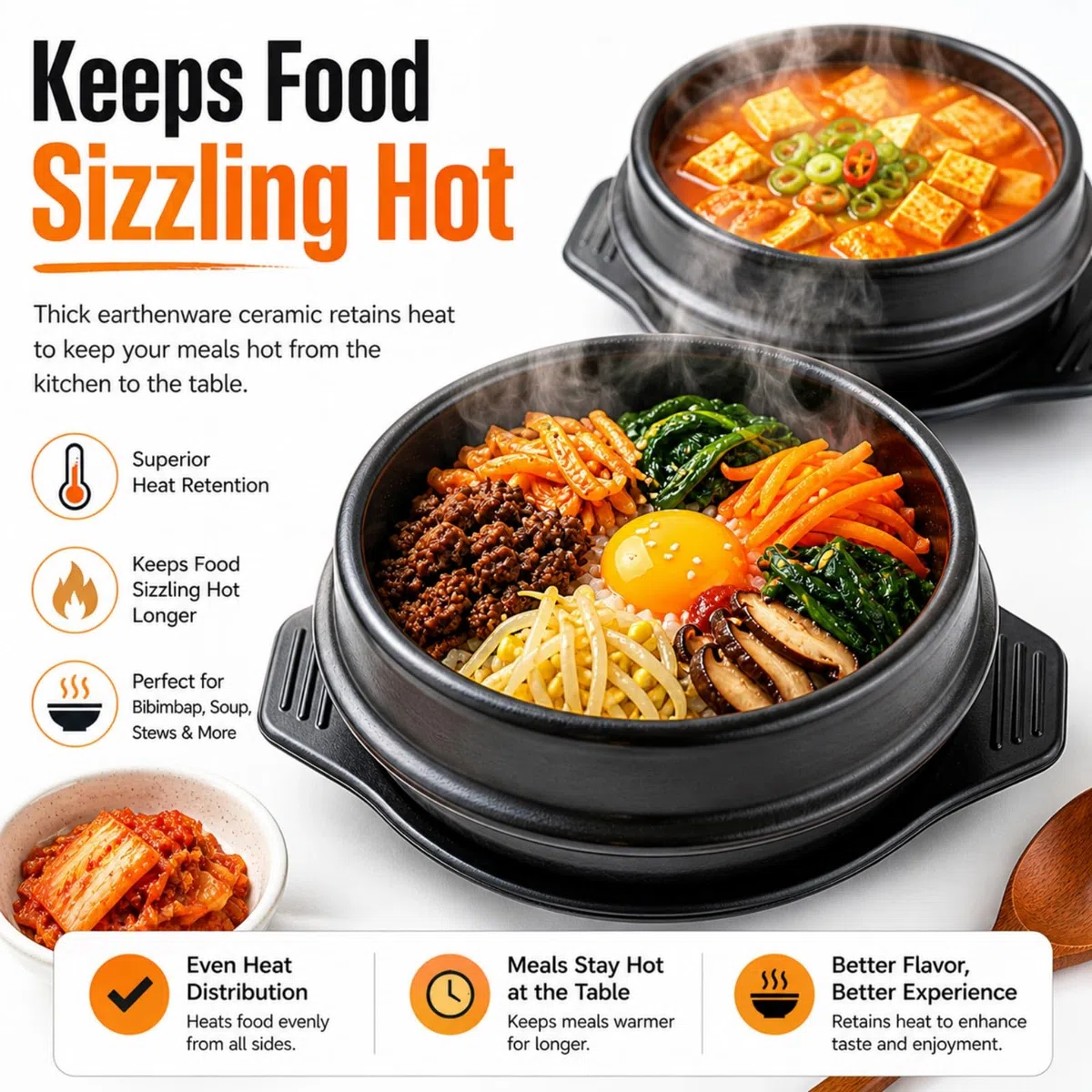 Cuenco de piedra coreano para cocinar Bibimbap, espodumena apta para altas temperaturas con bandeja, cerámica, negro, 800 ml