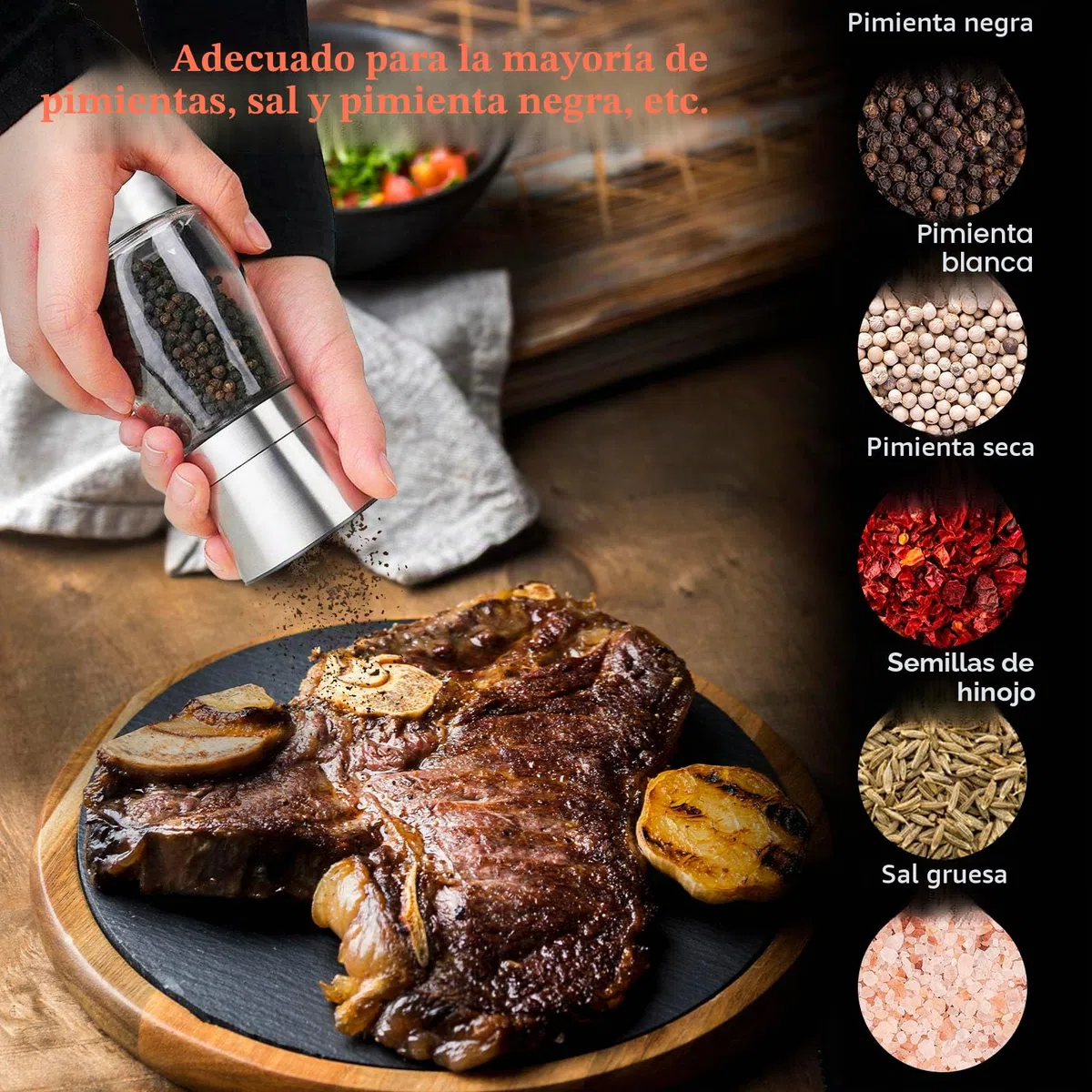 4 Piezas Molinillo de Especias,Salero y Pimentero Ajustable Spice Mill Set,Acero Inoxidable y Vidrio,Núcleo Abrasivo Cerámico,Ideal para Moler y Rellenar Sal,Pimienta y Chile