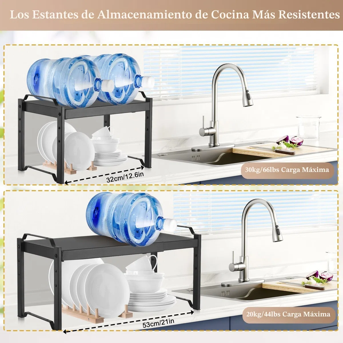 Estantería Cocina, Estantería Extensible 32-53 cm, Estante de Armario Expandible de Alta Resistencia, Organizador de Especias con 3 Configuraciones de Altura para Organizador de Armario de Cocina