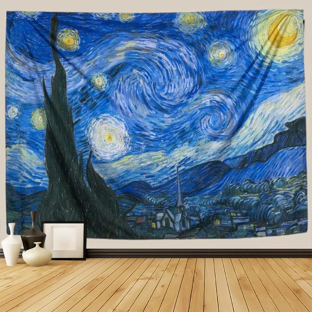IcosaMro Tapiz de noche estrellada para colgar en la pared, tapiz de pared de Van Gogh Art [60 x 82.7 pulgadas] [dobladillos doblados] - Mantel de manta de estrella para dormitorio, universidad, sala