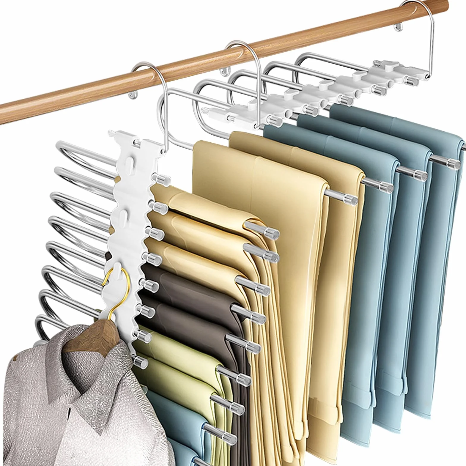 2 Piezas Perchas para Pantalones 9 en 1, Perchas Pantalones Ahorra Espacio, Plegables Acero Inoxidable Pantalon, Pantalonero Multiple Armario Porta Pantaloni, Multi - Functional Pants Rack