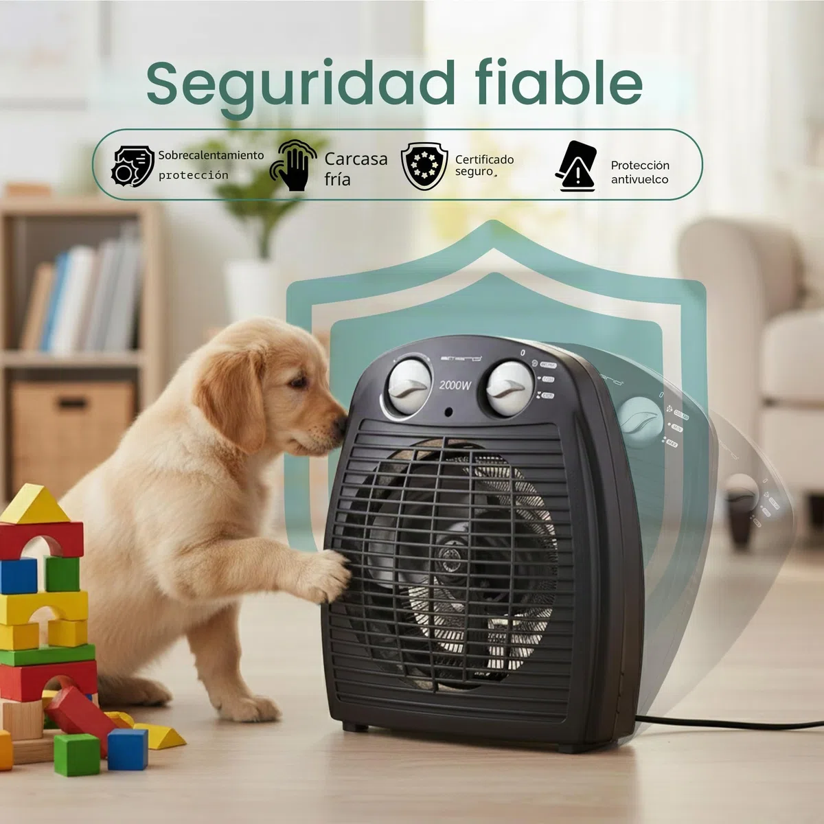 Emerio FH-106737.2 - Pequeño termoventilador compacto para 20 m², 2 potencias de calefacción + función de ventilador, termostato ajustable, interruptor de seguridad, asa, 2000 W
