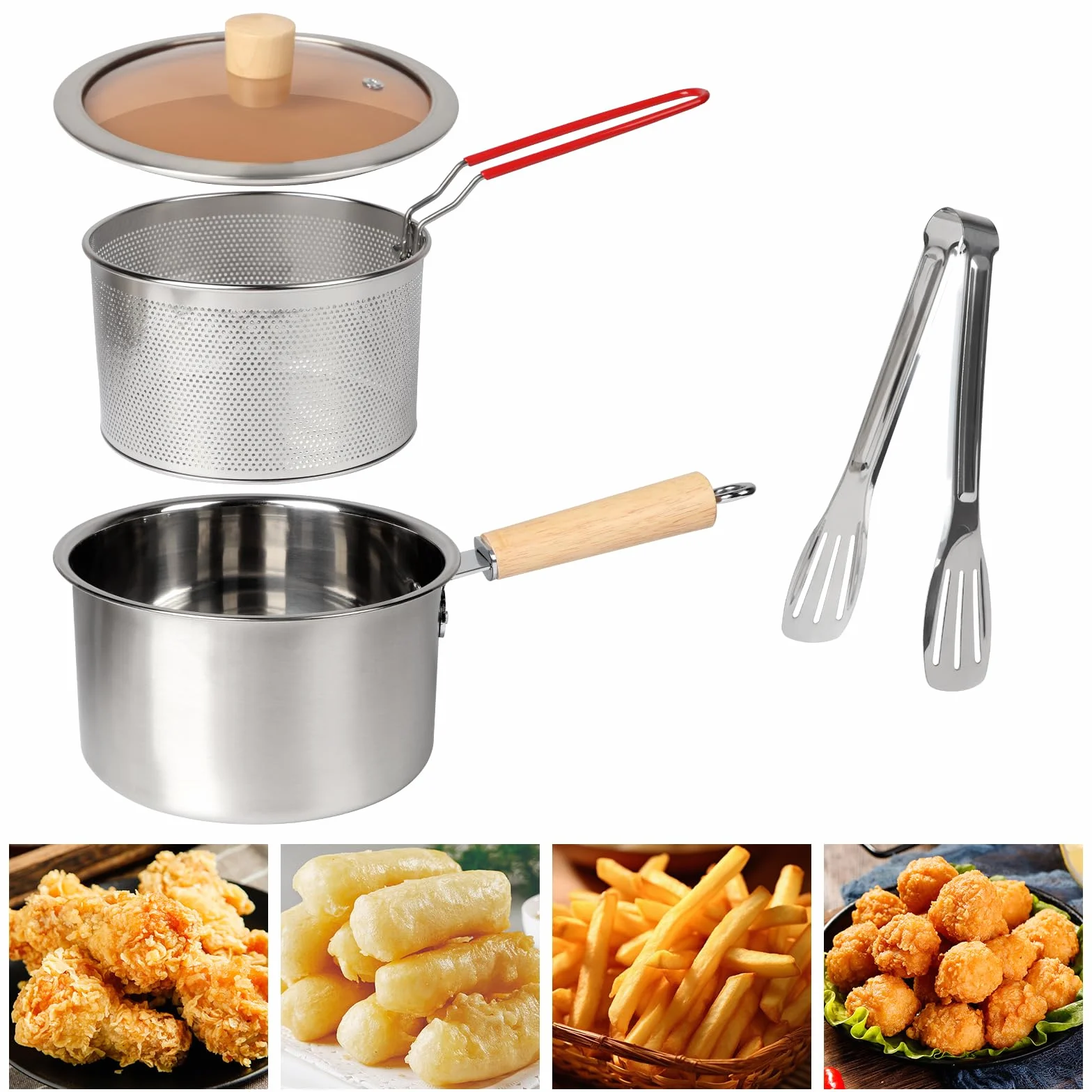 2.5 L Olla para Freír, Freidora Profunda con Cesta Sartén de Acero Inoxidable con Asa Olla Freidora Profunda con Tapa Colador de Aceite Multifuncional para Freír Pescado, Camarones, Pollo