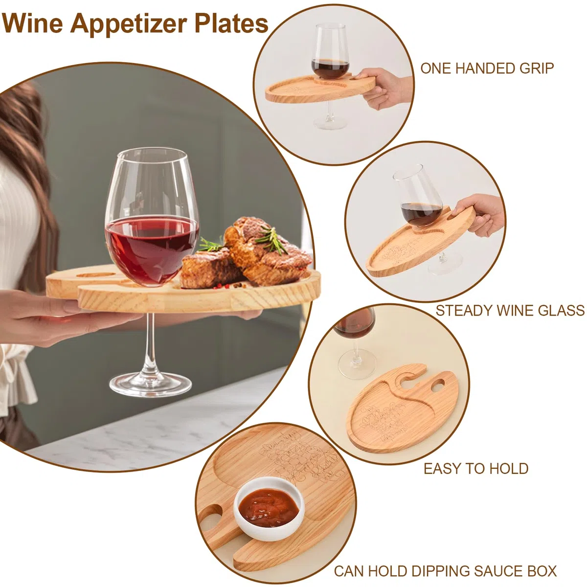 Platos para aperitivos de vino con soporte para copas de vino, mini tabla de embutidos, plato de queso de cóctel de madera, para fiestas, picnic, cumpleaños, reuniones familiares, 9 x 6, juego