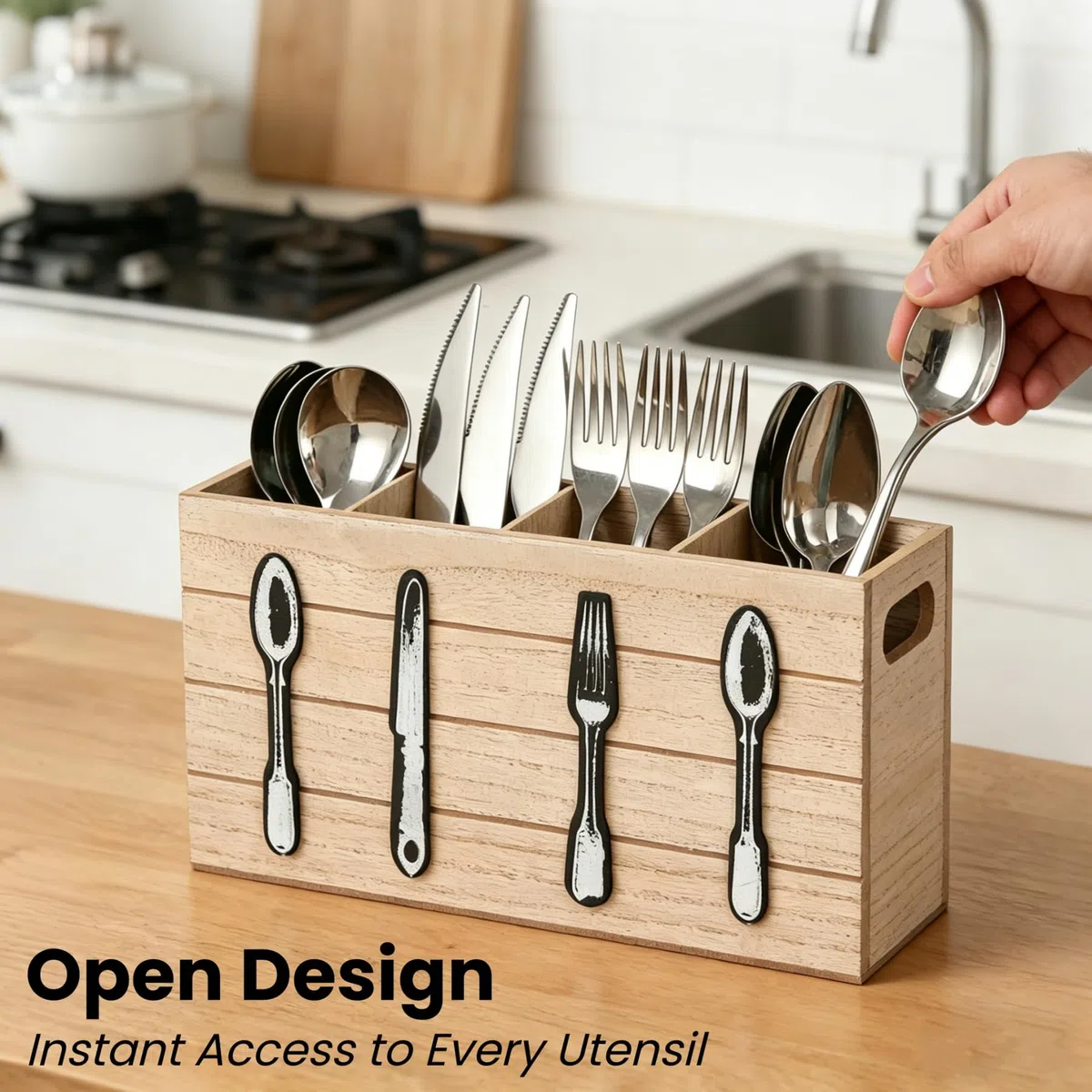 Soporte para cubiertos de madera con 4 compartimentos, rústico, para mesa, almacenamiento vertical de cubiertos para fiestas, hogar y restaurante