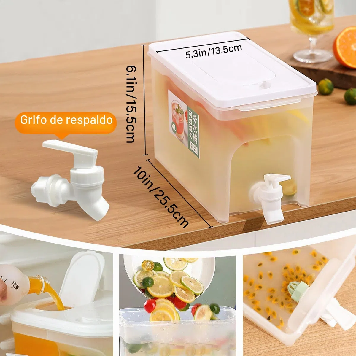 Dispensador de agua fría de gran capacidad de 4L con grifos,Dispensador de zumo Dispensador de agua para frigoríficos(con grifo),Diseñado para fiestas, camping, zumos de frutas, bebidas y cócteles