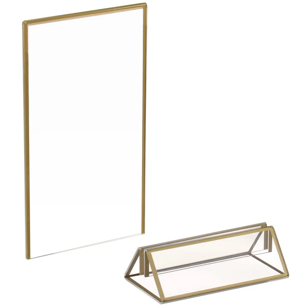 Soporte acrílico dorado para letreros, marcos de fotos de números de mesa de boda de 5 x 7, soportes de menú de doble cara para restaurantes, hogar, marcos de fotos, tienda