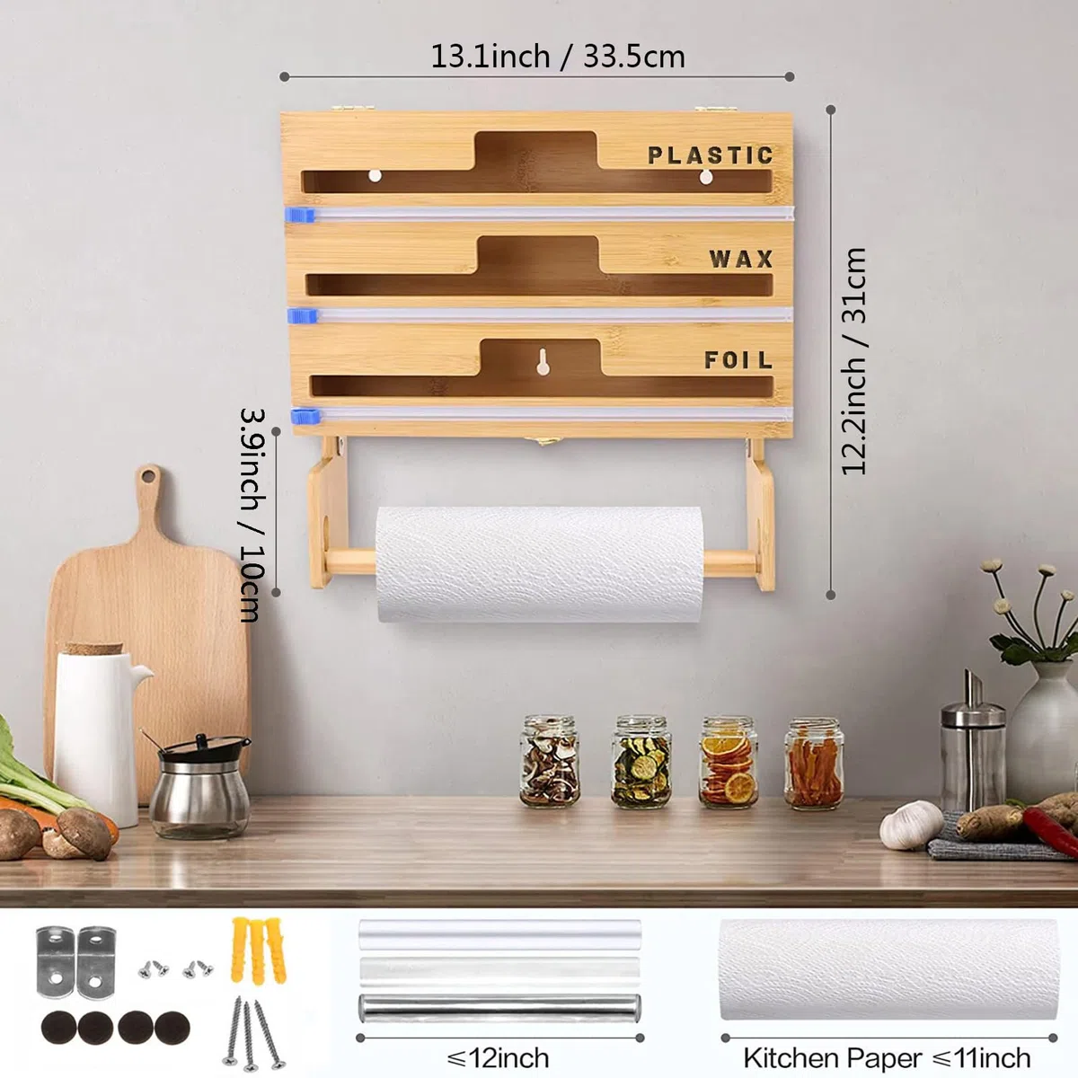 Dispensador de papel de plástico con cortador, organizador 4 en 1 para papel de aluminio, papel y toalla de papel, almacenamiento de bambú para rollos de 12 pulgadas