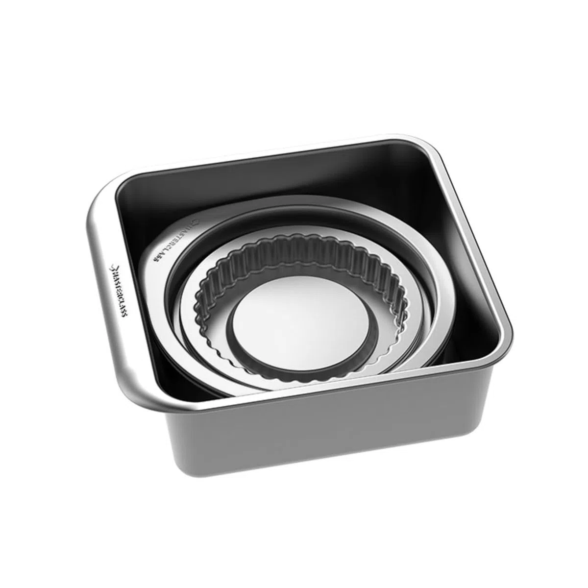 MasterClass Smart Space Bakeware Set 7 Piezas PTFE, PFOA y BPA Free Antiadherente y Apilable con Sartén para Asar, Bandeja para Brownie, 2 Sartenes Redondos, Sartén para Sándwich, 2 Platos para Quiche